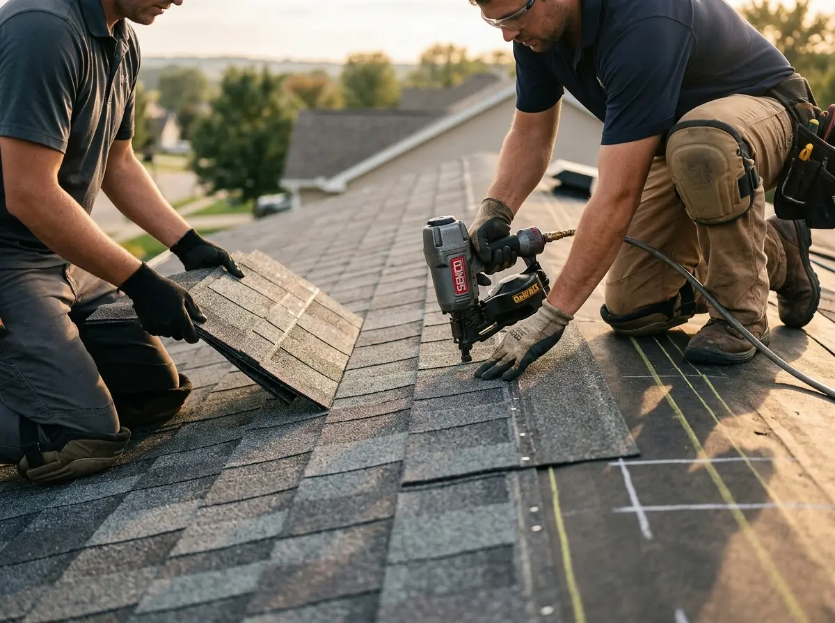 Professional roofer working on a residential roof in Bullskin